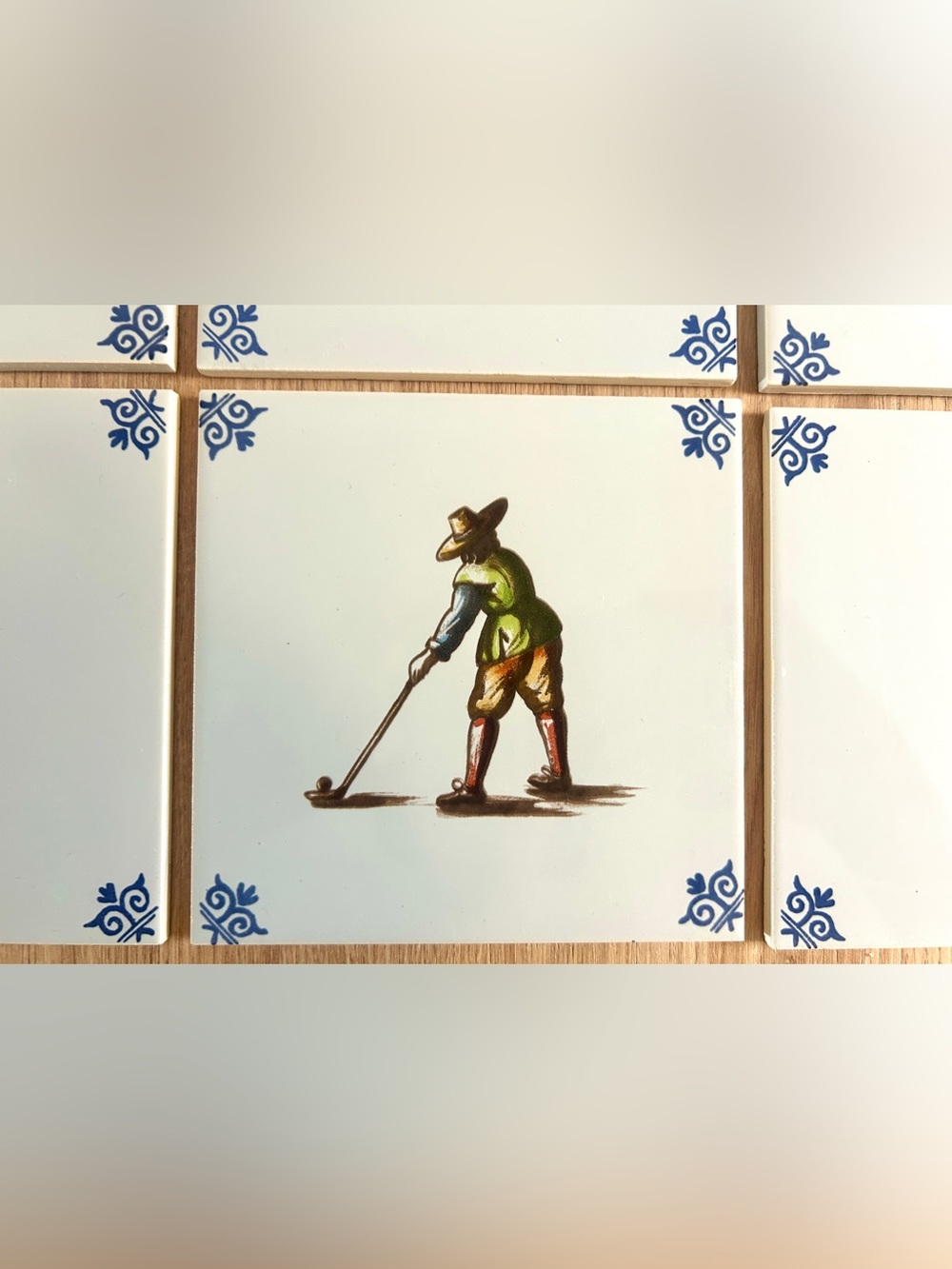 Set of 6 Blue Delftware Tiles • Handmade in Holland • Vintage Golf Theme